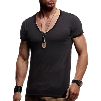 Abbildung von Leif Nelson Sommer T Shirt Herren V Ausschnitt (schwarz, Größe L) Coole Tshirts Neck Baumwolle Basic Shirts Männer Kurzarm tiefem