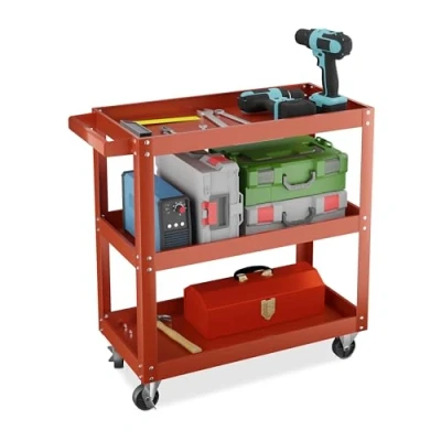 Abbildung von Relaxdays Werkstattwagen, Werkzeugwagen mit 3 Ebenen, mobiler Montagewagen, bis 100 kg belastbar, HBT: 76x78x35 cm, rot