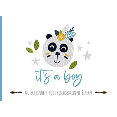 Abbildung von It&#039;s a boy Gutscheinheft für frischgebackene Eltern: kleines Gutscheinbuch als Geschenk zur Geburt eins Jungen mit 12 vollfarbigen Blanko ... im Scandi Stil in türkis, blau und grün Tönen