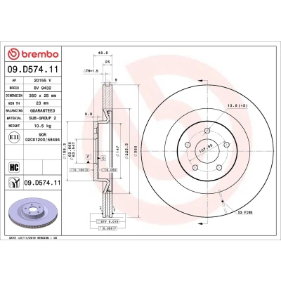 Abbildung von BREMBO 09.D574.11 Bremsscheibe 350 25 5 innenbelüftet beschichtet hochgekohlt FORD: FOCUS 3