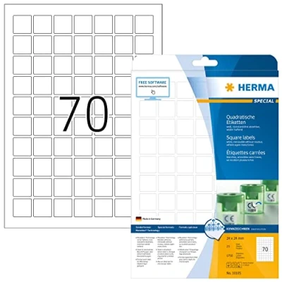Abbildung von HERMA 10105 Universal Etiketten ablösbar, 25 Blatt, 24 x mm, 70 pro A4 Bogen, 1750 Stück, selbstklebend, bedruckbar, matt, quadratisch, blanko Papier Klebeetiketten Aufkleber, weiß