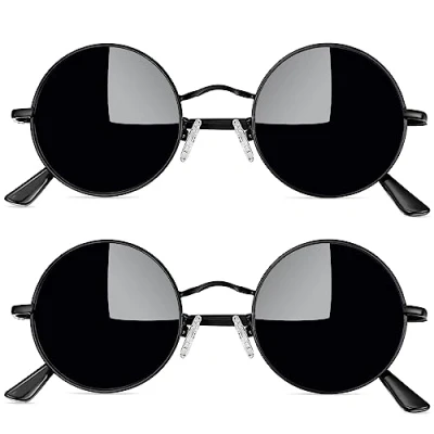 Abbildung von Joopin Runde Sonnenbrille Hippie Vintage Herren und Polarisierte Damen Rund Schwarz UV400 2 Pack (Voll Voll Schwarz)