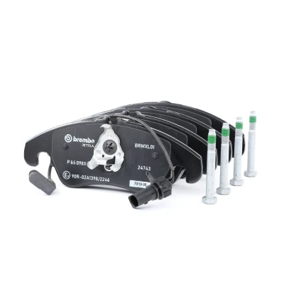Abbildung von BREMBO P 85 098X Bremsbelagsatz inkl. Verschleißwarnkontakt mit Bremssattelschrauben ohne Zubehör AUDI: A4 B8 Saloon, A5 Sportback, A6 C7 Avant