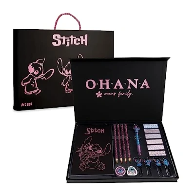 Abbildung von Disney Stitch Schreibwaren Set mit Notizbuch Stifte und Federmäppchen Schulschreibset Zubehör (Schwarz Kunst Set)