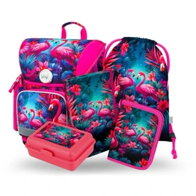 Abbildung von Baagl Schulranzen Set Jungen 5 Teilig, Ergo Schultasche ab 1. Klasse, Ergonomische Grundschule Ranzen mit Brustgurt (Flamingos)