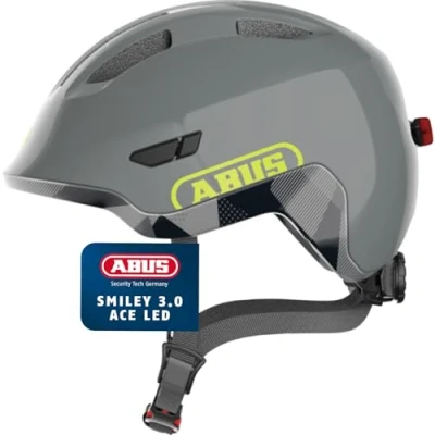 Abbildung von ABUS Kinderhelm Smiley 3.0 ACE LED Fahrradhelm mit Licht tiefe Passform &amp; Platz für einen Zopf Mädchen und Jungs Grau Glänzend, Größe S, S (45 50 cm)