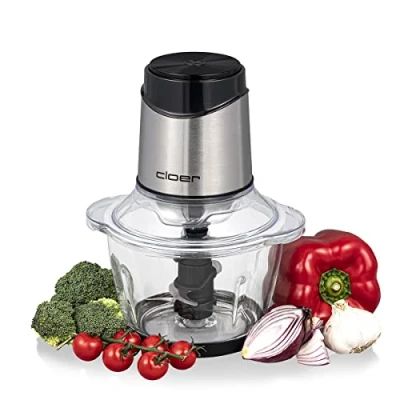 Abbildung von Cloer 6829 Multi Zerkleinerer, elektrischer Universalzerkleinerer, 6 flügeliges Edelstahlmesser, für Obst, Gemüse, Nüsse, Fleisch, 400 W, Ein Hand Puls Funktion, 1200 ml Glasschüssel, Glas/Edelstahl
