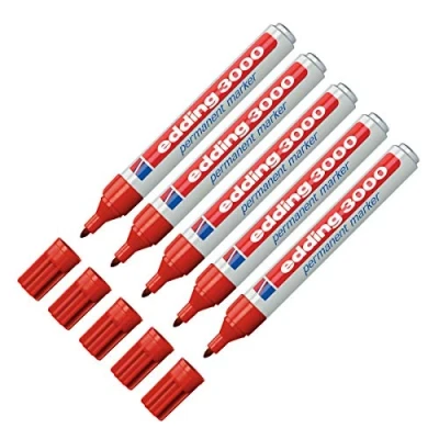 Abbildung von edding 3000 Permanentmarker (zur Beschriftung und Markierung von fast allen Oberflächen) 5er Pack Rot nachfüllbarer, wasserfester lichtbeständiger Marker (5, Rot)