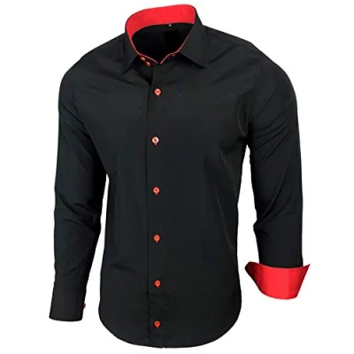 Abbildung von Baxboy Herren Hemd Slim Fit Bügelleicht für Anzug, Business, Hochzeit, Freizeit Langarm Hemden Männer Langarmhemd R 44, Farbe:Schwarz/Rot, Größe:M