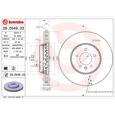 Abbildung von BREMBO 09.D549.23 Bremsscheibe 349 34 5 Verbundbremsscheibe, innenbelüftet beschichtet hochgekohlt