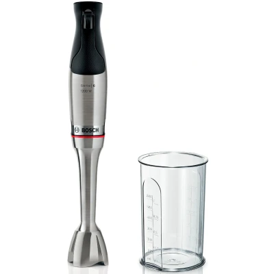 Abbildung von Bosch Stabmixer ErgoMaster Serie 6 MSM6M810, einhändig bedienbar, 10 Jahre Motorgarantie, Edelstahl Klingen, verschleißfreie Keramik Kupplung, Luftkühlung, QuattroBlade, Mixbecher, 1200 W,