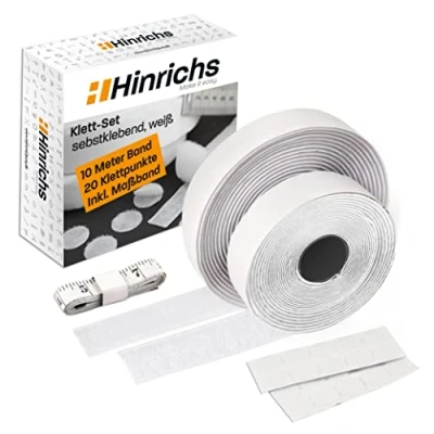 Abbildung von Hinrichs Klettband Set weiß 1x Selbstklebend extra stark 10m x 2cm + 20x Klettpunkte Ø Klettverschluss Klebeklett Klettstreifen Inkl. Maßband