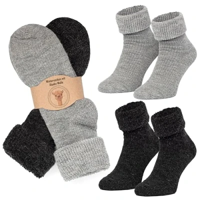 Abbildung von MOUNTREX Alpaka Socken, Wollsocken für Damen, Herren Wintersocken, Warme Haussocken, Thermosocken Kuschelsocken 2 Paar, Grau/Anthrazit (Dick Thermo mit Umschlag), 35 38