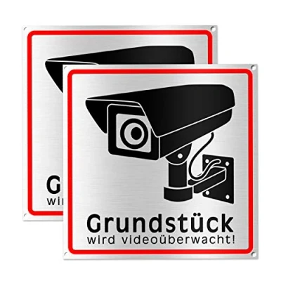 Abbildung von TK THERMALKING Achtung Videoüberwachung Schild Hinweisschild Warnschild für Kameraüberwachung Gebürstetes Aluminium 15x15 cm Metall (2 STK.)