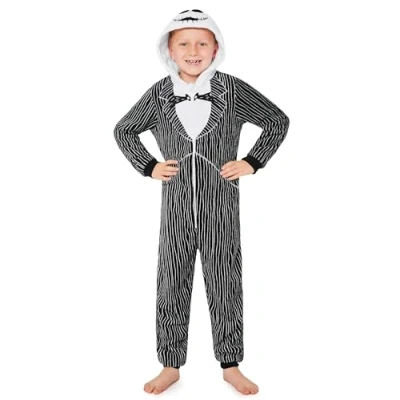 Abbildung von Disney Stitch Onesie Mädchen, Kuschelige Warm Einteiler Schlafanzug Kinder, Baby Yoda Geschenke für Mädchen Weihnachten (Schwarz Jack Skellington, 11 12 Jahre)