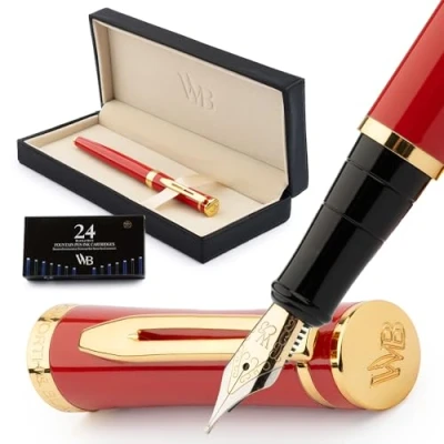 Abbildung von Wordsworth &amp; Black Füllfederhalter Set, Mittlere Feder, Enthält 24 Tintenpatronen Und Tintennachfüllkonverter, Geschenketui, Journaling, Kalligraphie, Glatte Schreibstifte [Karmesin Rot]