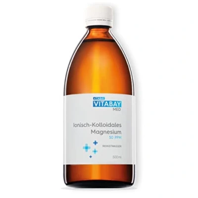 Abbildung von Vitabay Kolloidales Magnesium 50 PPM 500 ml Hochdosiert Reinheitsstufe 99,99% Ohne weitere Zusätze Abgefüllt in einer Braunglasflasche Made Germany