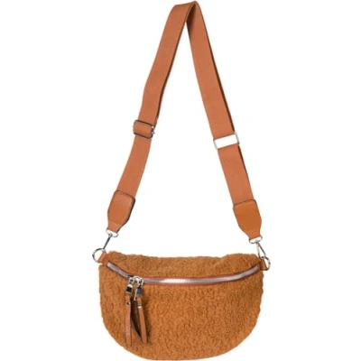 Abbildung von styleBREAKER Damen Teddyfell Halbmond Crossbody Schultertaschen Einfarbig, verstellbarer Schultergurt 02012403, Farbe:Cognac