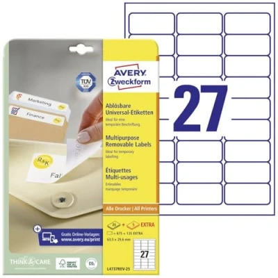 Abbildung von Avery L4737REV 25 Etichette rimovibili ecologiche, certificate FCS stampanti Laser 63,5x29,6