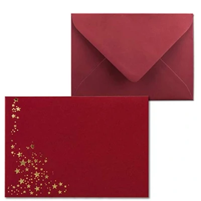 Abbildung von 50x Weihnachts Briefumschläge DIN C6 mit Gold Metallic geprägtem Sternenregen Farbe: Dunkelrot Nassklebung, 120 g/m² 114 x 162 mm Marke: GUSTAV NEUSER
