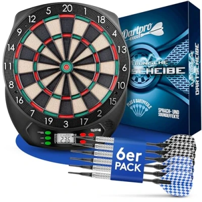 Abbildung von DartPro [DAS ORIGINAL] Elektronische Dartscheibe Profi Dartboard mit 6 Darts [kabellos nutzbar] Innovativer Dartautomat 65 Varianten Dart für 1 bis 8 Spieler