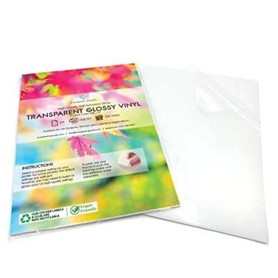 Abbildung von EVG 10 Blatt A4 Klar/Transparent Glänzend Selbstklebende Vinyl Aufkleber, Hochauflösendes Druckpapier für Tintenstrahldrucker, Ideales Aufkleberpapier Schilder, Kinderaufkleber und DIY Projekte