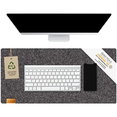 Abbildung von MIQIO® Design Schreibtischunterlage aus nachhaltigem Filz Für Holztische geeignet da ohne Gummierung Oekotex Zertifiziert Schreibtischmatte recycelten PET Flaschen dunkelgrau 68x33 cm