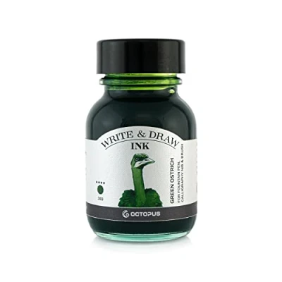 Abbildung von Octopus Write and Draw Ink 359 Green Ostrich, wasserfeste Tinte zum Schreiben und Zeichnen, Kalligraphietinte, lichtechte Zeichentusche für Füllhalter, grün, 50 ml