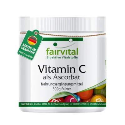 Abbildung von Fairvital Vitamin C Pulver mit 1156mg pro Tagesdosis gepuffert als Calciumascorbat VEGAN 300g Packung