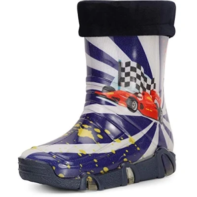Abbildung von Ladeheid Kinder Mädchen Jungen Gummistiefel Gefüttert Swk36 (Dunkelblau Auto 36, 25/26 EU)