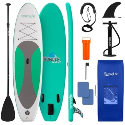 Abbildung von SereneLife Stand Up Paddling Board Set, SUP Komplettes Zubehör, Paddle für Kinder &amp; Erwachsene, Surfbrett Tragetasche, Set Anti Rutsch mit Pumpe, Auflasbares Paddelbrett