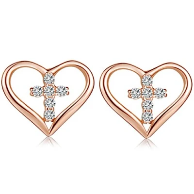 Abbildung von Yumilok Damen Ohrstecker Ohrringe Roségold Herz Kreuz Zirkonia 925 Sterling Silber Hypoallergen Ohrschmuck für Frauen Mädchen