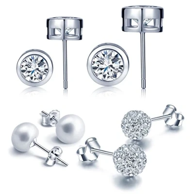 Abbildung von Yumilok 4 Paar Damen Ohrringe aus 925 Sterling Silber Zirkonia Perlen Ohrstecker Kristall Kugel Huggie Creolen Hypoallergen Set Earrings Knorpel Ohrschmuck für Frauen Mädchen