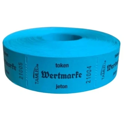 Abbildung von Bonrolle &quot;Wertmarke&quot; blau dreisprachig 1000 Abrisse fortlaufend nummeriert Gastromarke Festival Speisemarke Verpflegungsmarke Event Firmenveranstaltung Volksfest Verein Essenmarke Jahrmarkt