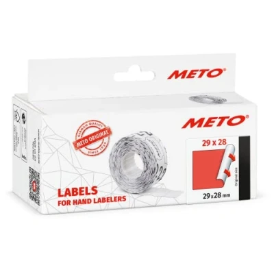Abbildung von Meto Etiketten für Handauszeichner (29x28 mm, 3 zeilig, 3.500 Stück, fluor rot, permanent haftend, METO, Contact, Sato, Avery, Tovel, Samark etc.)