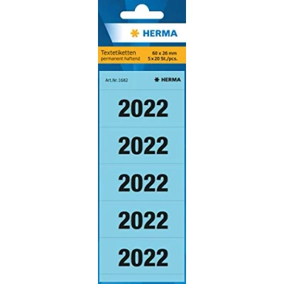 Abbildung von HERMA 1682 Jahreszahlen Aufkleber 2022 für Ordner, 100 Stück, 60 x 26 mm, 5 pro Bogen, selbstklebend, blickdichte Textetiketten, matt, Papier Klebeetiketten Aufkleber, blau