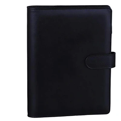 Abbildung von HAUTOCO A5 Binder, PU Leder Ringbuch Abdeckung, Nachfüllbar Budget Notizbuch Planer Organizer Binder für Reisearbeit und Organizer, Schwarz