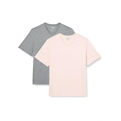 Abbildung von Amazon Essentials Herren Kurzärmliges T Shirt mit V Ausschnitt in normaler Passform (in Übergrößen erhältlich), 2er Pack, Grau Meliert/Blassrosa, XXL