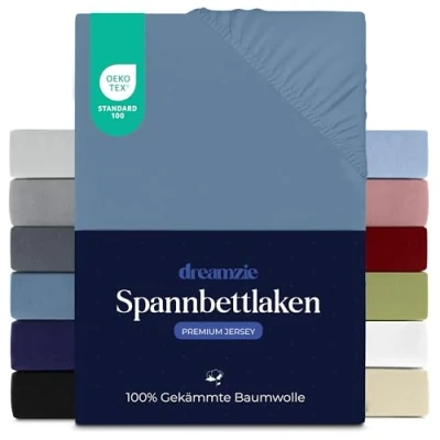 Abbildung von Dreamzie Premium Spannbettlaken 160x200 cm, Spannbetttuch für Dicke Matratzen bis zu 27 Bettlaken 100% Jersey Baumwolle, 150 g/m², Oeko TEX Zertifiziert Blau