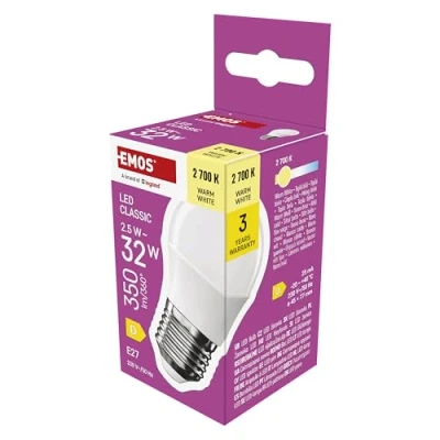 Abbildung von EMOS LED Lampe Mini Globe, 2,5W Ersatz für 32W Glühbirne, kleine Birne mit E27 Sockel, Helligkeit 350 lm, Warmweiß 2700 K, 30000 h Lebensdauer, CRI min. 80, 150 Abstrahlwinkel