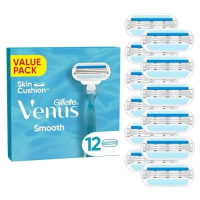Abbildung von Gillette Venus Smooth Damenrasierer Ersatzklingen, Set von12, mit 3 sich der Körperkontur anpassenden Klingen, umgeben von Schutzkissen
