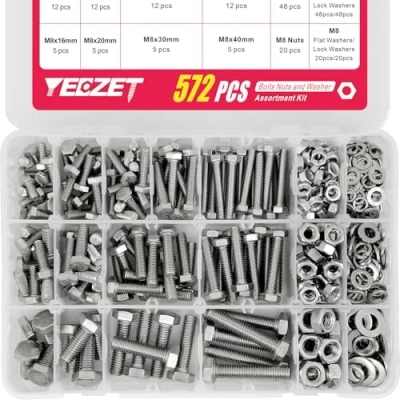Abbildung von YEEZET 572pcs M5 M6 M8 Schrauben und Muttern Kit, 304 Edelstahl Metric Heavy Duty Sechskantschrauben Sortiment Set, 13 Größen, Länge Von 10 40mm