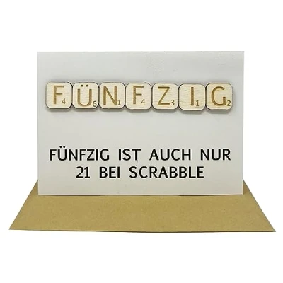 Abbildung von Woodland Mail Lustige Geburtstagskarte mit echten Holzsteinen auf der Vorderseite Scrabble Stil (50 Geburtstag)