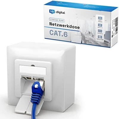 Abbildung von hb digital 1x CAT 6 Netzwerkdose für CAT.8 CAT.7 CAT.6A CAT.6 CAT.5 Verlegekabel mit 2X RJ45 Port Aufputz / Unterputz Datendose Universal EIA/TIA 568A&amp;B 8P8C Gigabit Ethernet RAL9003 Signalweiß