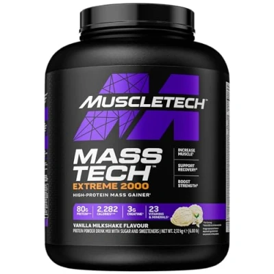 Abbildung von MuscleTech Extreme 2000 Mass Gainer Proteinpulver, Muscle Builder Molkenproteinpulver, Protein + Kreatin Kohlenhydrate, Max Gewichtszunahme für Frauen und Männer, Vanille Milchshake, 6lbs