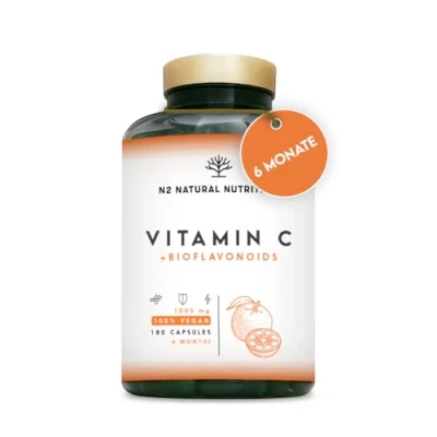 Abbildung von VITAMIN C HOCHDOSIERT 1000mg + Bioflavonoide Ascorbinsäure Natürliches Vit Komplex Müdigkeit und Erschöpfung Laborgeprüft Ohne Unerwünschte Zusätze 180 Kapseln Vegan. N2 Natural Nutrition