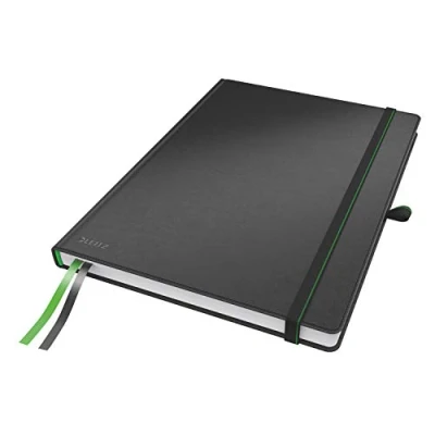 Abbildung von Leitz Complete Qualitäts Notizbuch A4 liniert, 160 Seiten, 80 Blatt, Hardcover Mit hochwertigem Einband, 100 g/m² Papier, Gummizugverschluss, Textilbänder, Stiftelasche, Tasche, Schwarz, 44720095