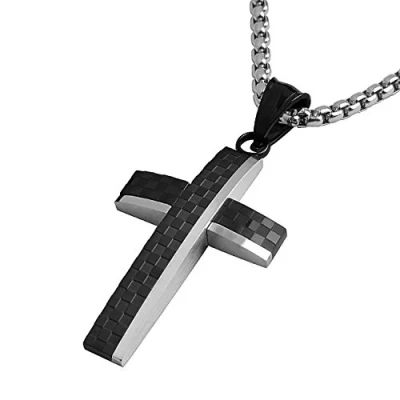 Abbildung von DonDon Herren Halskette mit matt Glanz Schachbrett Kreuz Anhänger Edelstahl 52 cm silberfarben und Samtbeutel