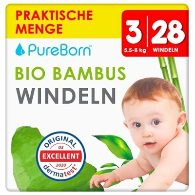 Abbildung von PureBorn Eco Bio Bambus Windeln, Größe 3 (5,5 8 kg), 28 Stück, Umweltfreundlich, Hypoallergen, Ultraweich, mit Nässeindikator, Diverser Aufdruck