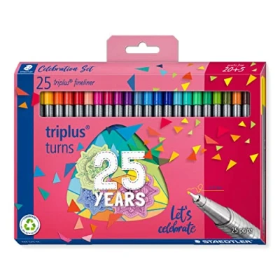 Abbildung von STAEDTLER Fineliner triplus celebration Set, ergonomischer Dreikantschaft, superfeine 0,3 mm Spitze, lange Lebensdauer, Jubiläums Promotion: 20 + 5 in sortierten Farben, 334 C25 TA